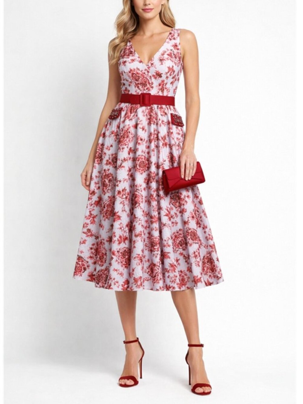 Badgley Mischka Collection Belted Floral-Print Sequin Midi Dress
